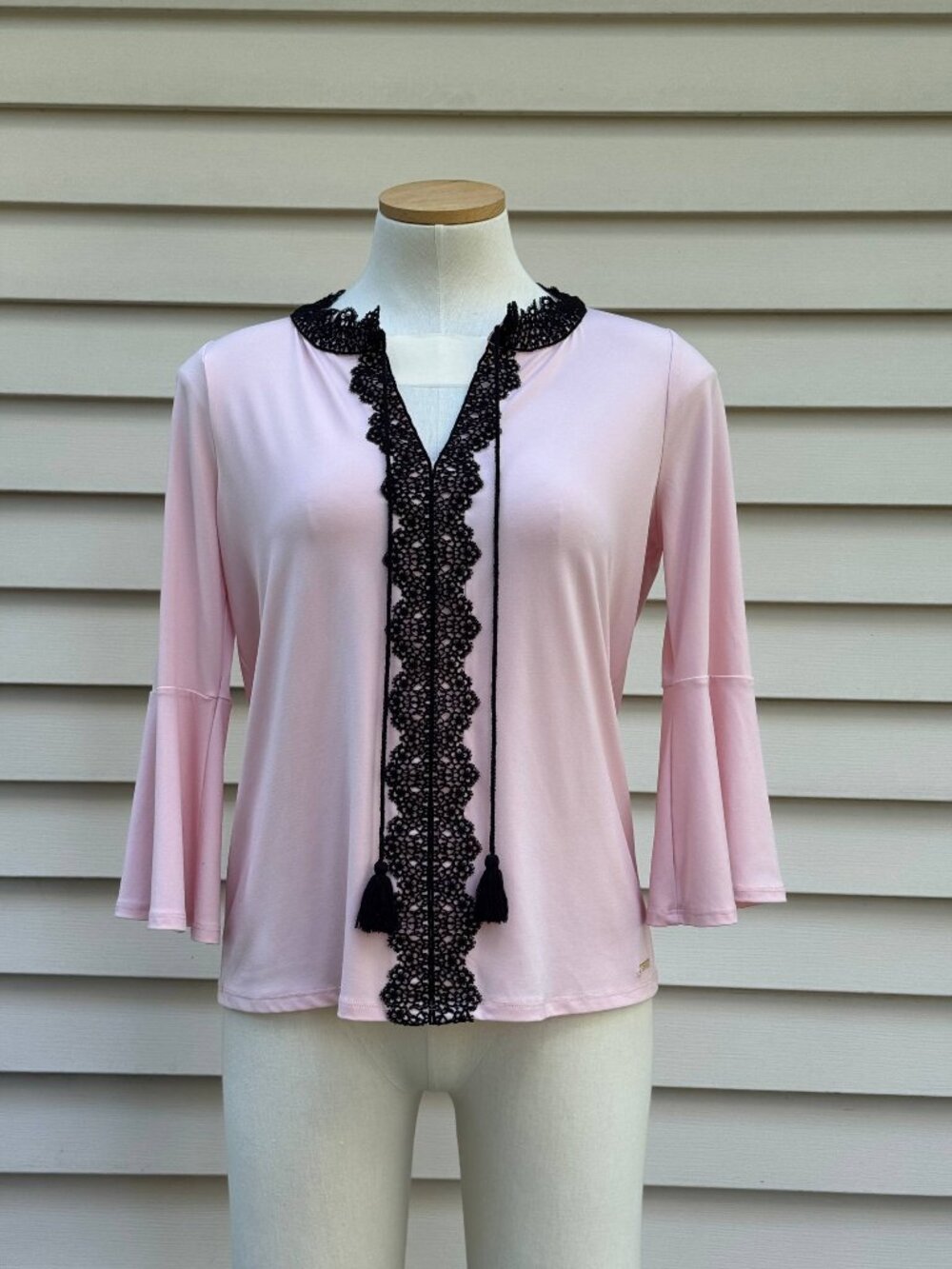 Tahari Pink Bell Sleeve Top Black Lace Trim Tassel — fits M